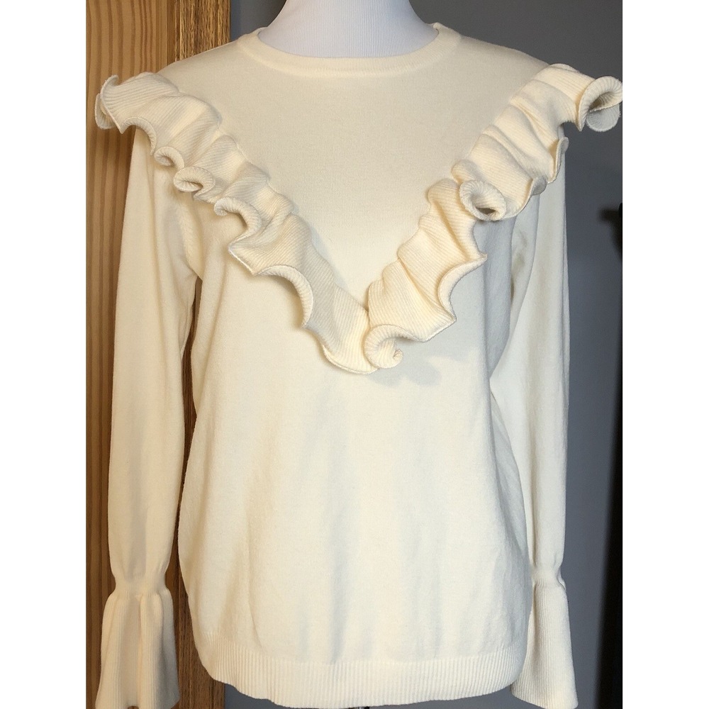 12th Heart Ruffles Pullover Top Women's L Ivory Knit Long Sleeve Coastal Modern